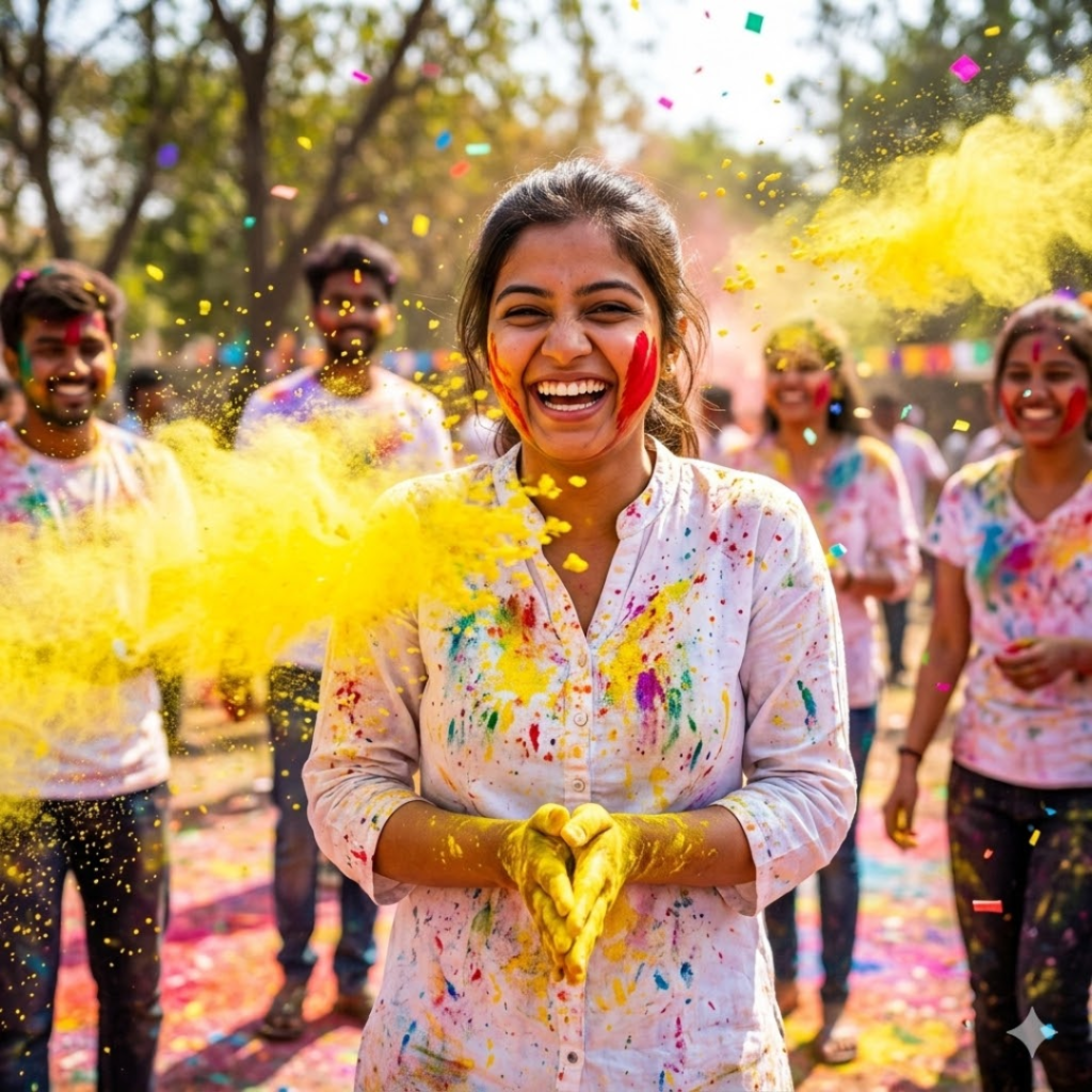 Fun action pose, Indian couple in Holi war, woman playfully pointing a pichkari at man's face spraying colored water, both laughing hysterically, sunglasses on, white clothes drenched and stained with gulal, sunny outdoor chaotic festival scene, dynamic composition, realistic details"